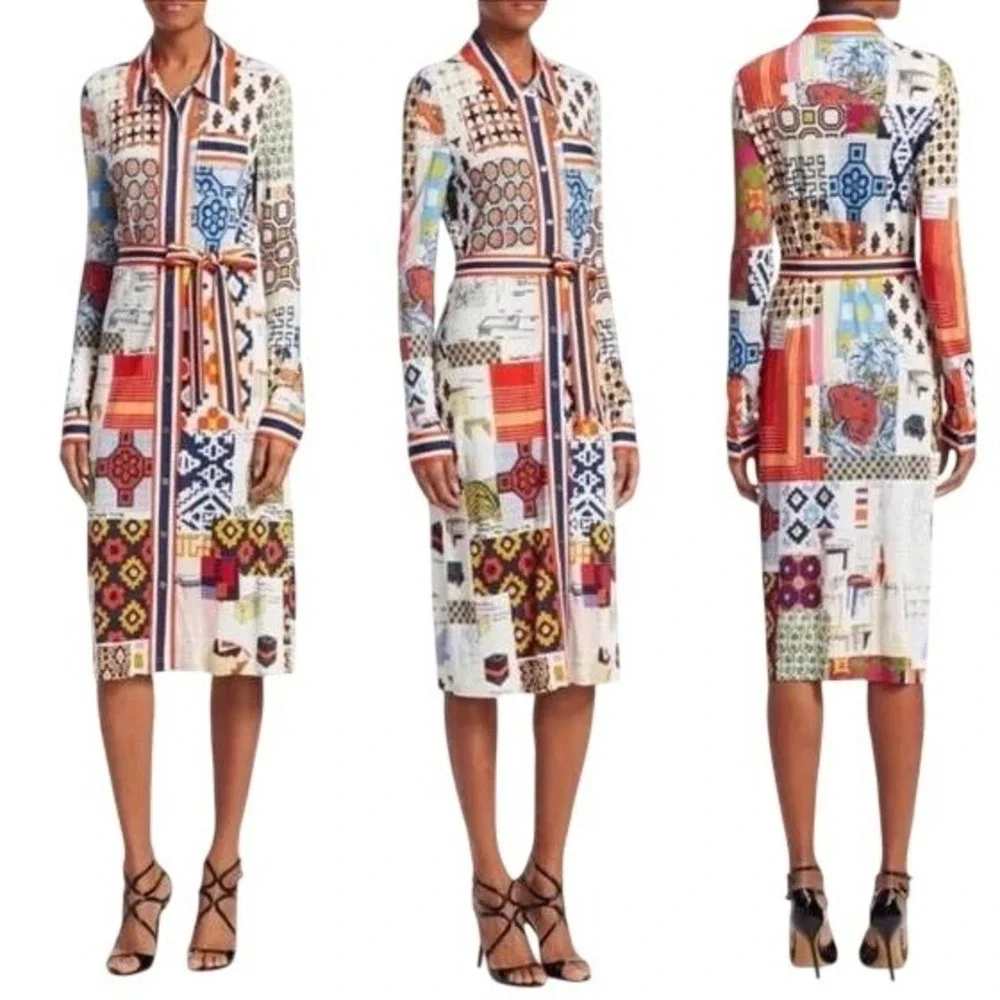 Tory Burch Womens L Silk Blend Laurence Scrapbook Belted Shirtdress - Picture 1 of 16